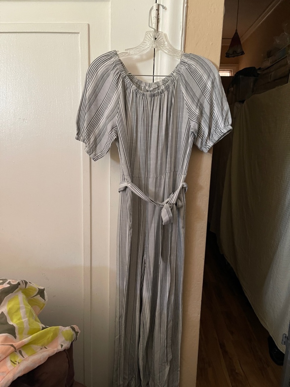 GAP Black & White Striped jumpsuit with Elastic Neckline